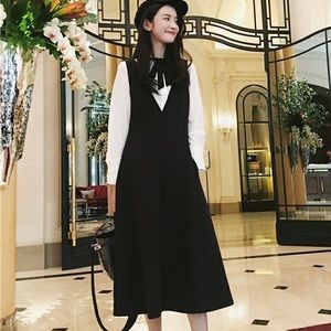 Classic Black Midi Pinafore Dress with White Blouse Detail